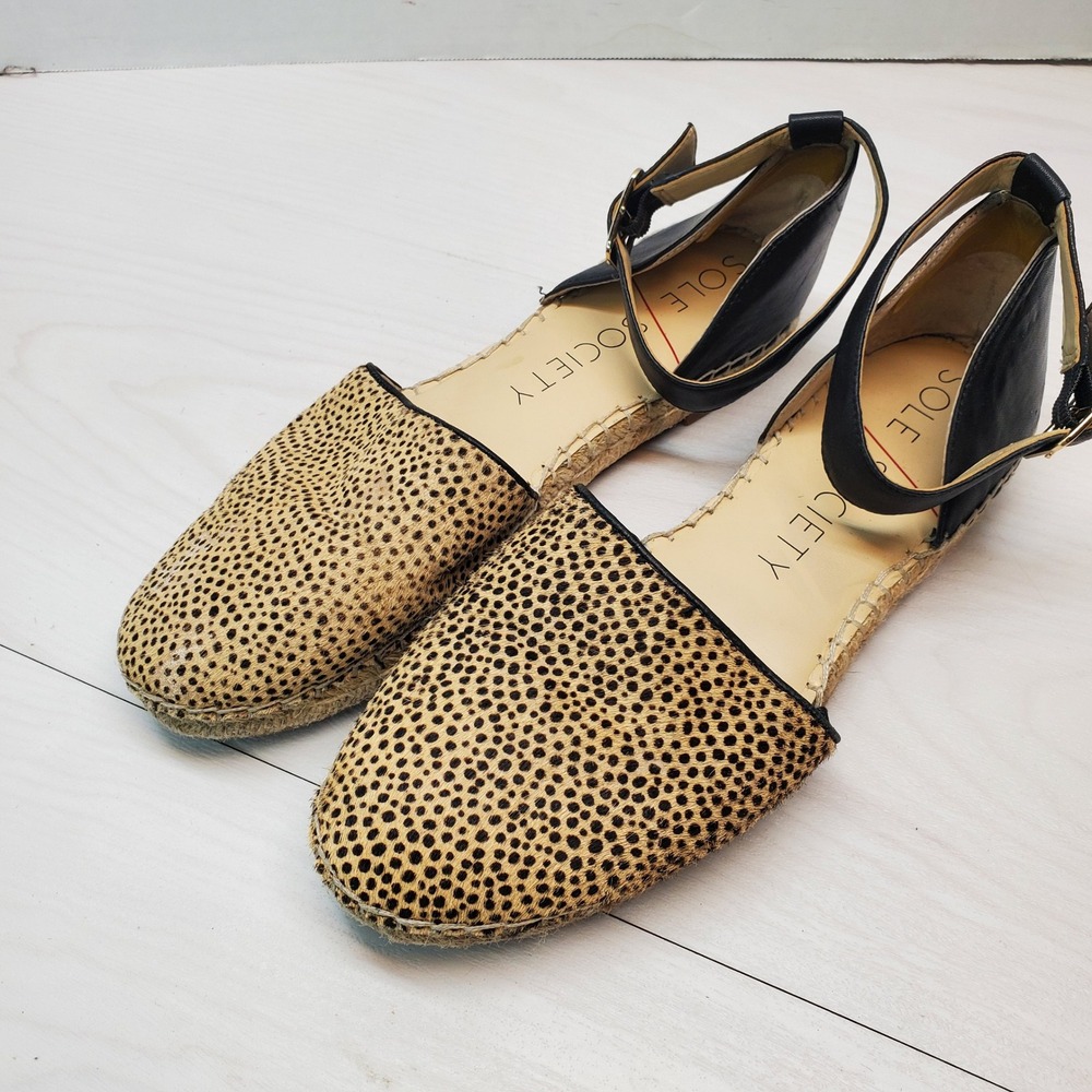 Sole Society Leopard Print Calf Hair Espadrille Ankle Strap Flats Womens 9M 40